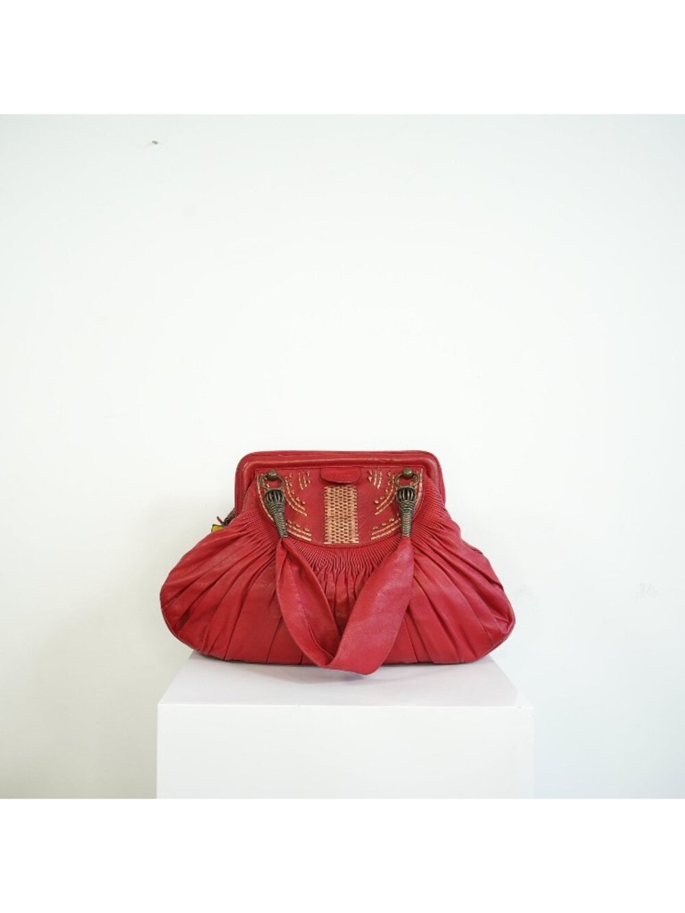 Christian Doir Plisse Large Pleated Red Lambskin Leather Handbag
